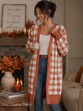 Kirundo Large Buffalo Plaid Cardigan Orange White Long Open Front Cozy Fall